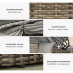 Woven rattan daybed details: canopy ties, cushion armrests, adjustable feet pads