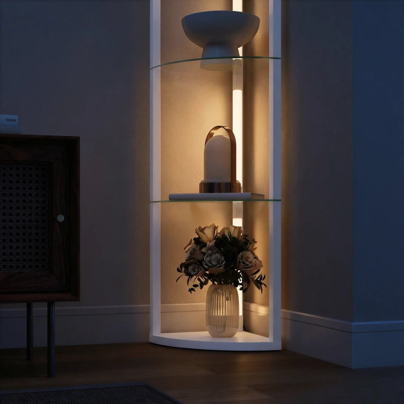 White LED floor lamp with glass shelves and warm light glow, front view