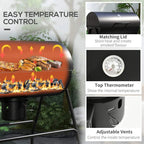 Black charcoal BBQ grill with top thermometer, adjustable vents, and matching lid