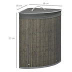 Grey bamboo laundry hamper with lid and curved handle, corner shape