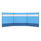 Blue camping windbreak screen with clear window panels, three-section side wall