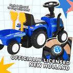 Blue toddler ride-on tractor walker with yellow fork-and-shovel front attachment