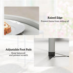 White round tray table with raised rim and adjustable foot pads for stability