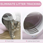 Pink enclosed litter box with front door; close-up of perforated base and cat