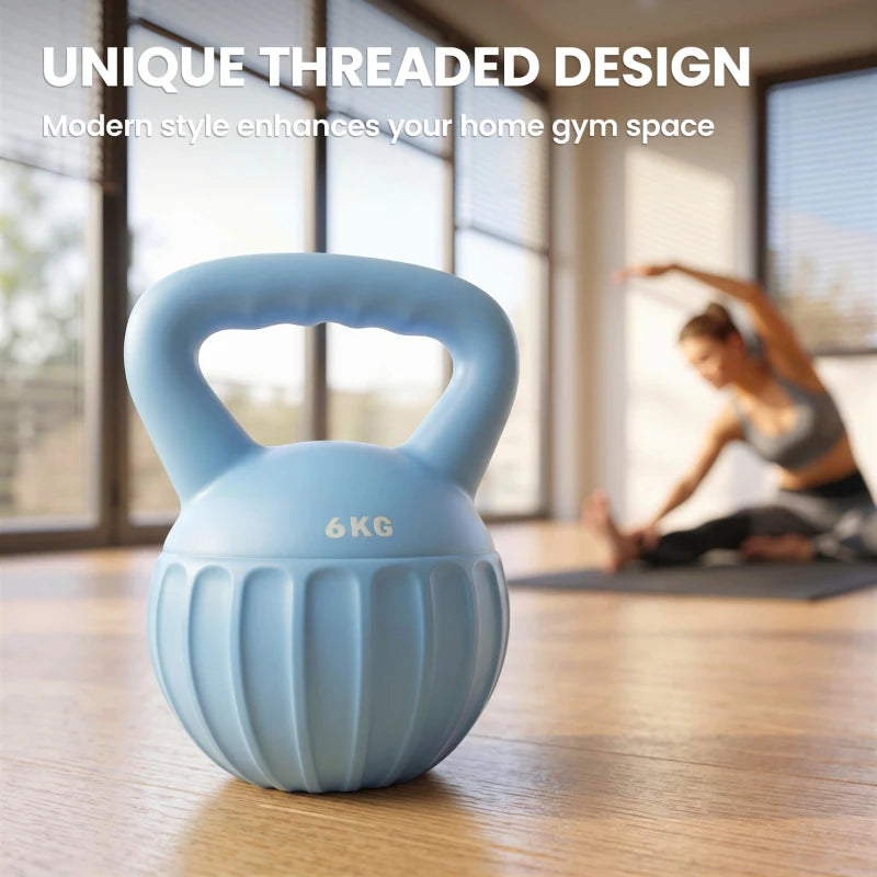 Blue 6 kg kettlebell with textured threaded shell