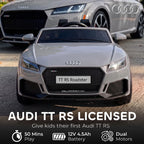 Front view of grey Audi TT RS style ride-on electric car with grille and LED lights