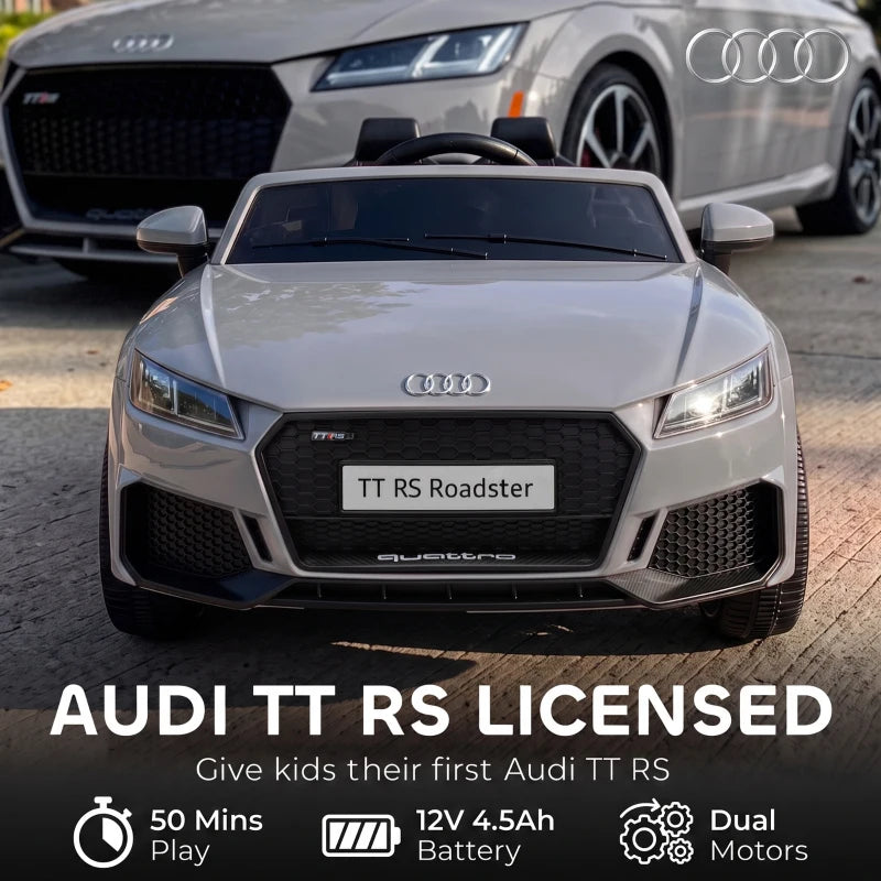 Front view of grey Audi TT RS style ride-on electric car with grille and LED lights