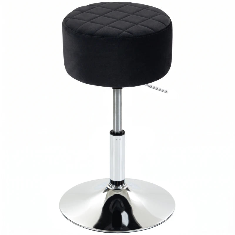Black round padded bar stool seat with quilted top and chrome base