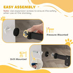 Black safety gate installation diagram with drill-mount and pressure-mount icons