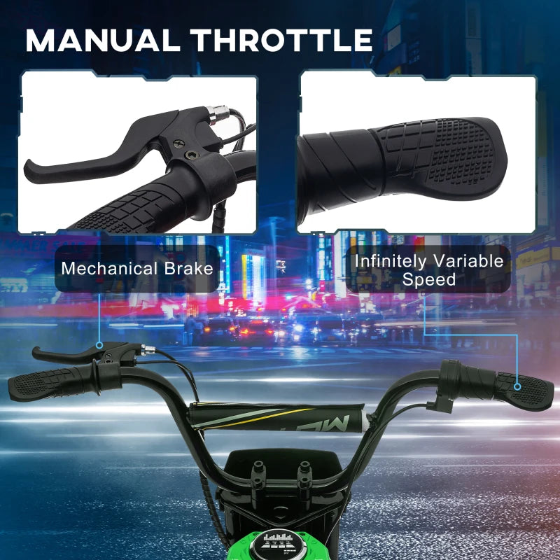 Green and black electric dirt bike handlebar grips and twist throttle with brake lever
