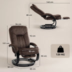 Dark brown velvet swivel recliner chair with extended footrest and rounded arms