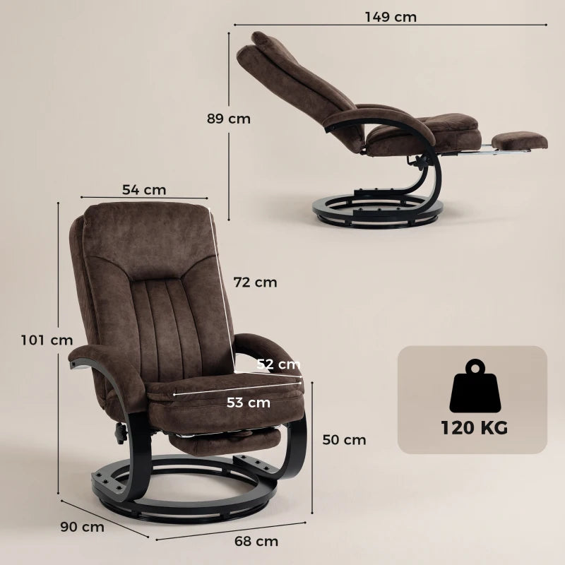 Dark brown velvet swivel recliner chair with extended footrest and rounded arms