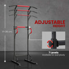 Power tower pull-up station with adjustable height settings and red curved pull handles