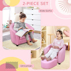 Pink kids armchair with matching ottoman footstool, child seated