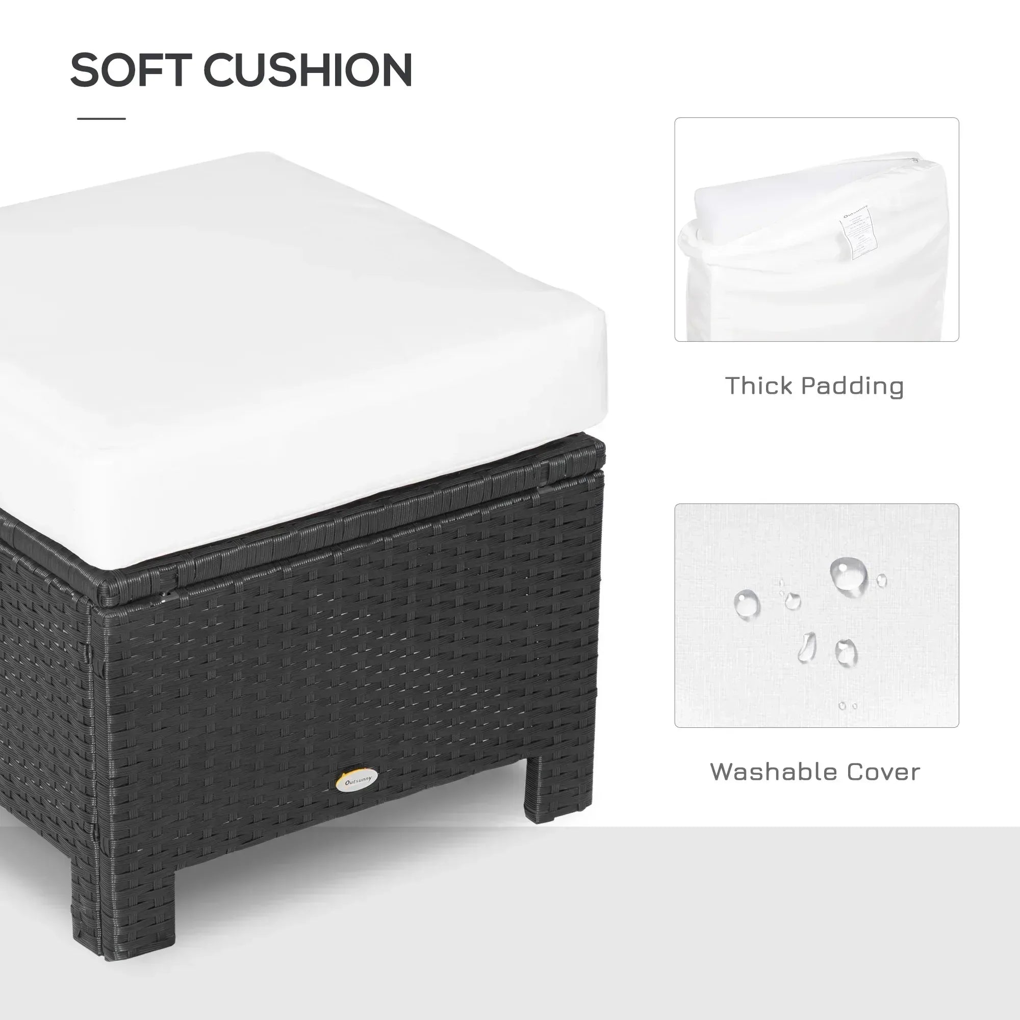 Rattan Footstool Wicker Ottoman with Padded Seat Cushion Outdoor Patio Furniture for Garden Poolside Living Room, 50 x 50 x 35 cm, Black - Bobobiy