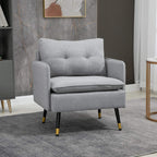 Grey upholstered occasional chair with button-tufted back and wide padded seat