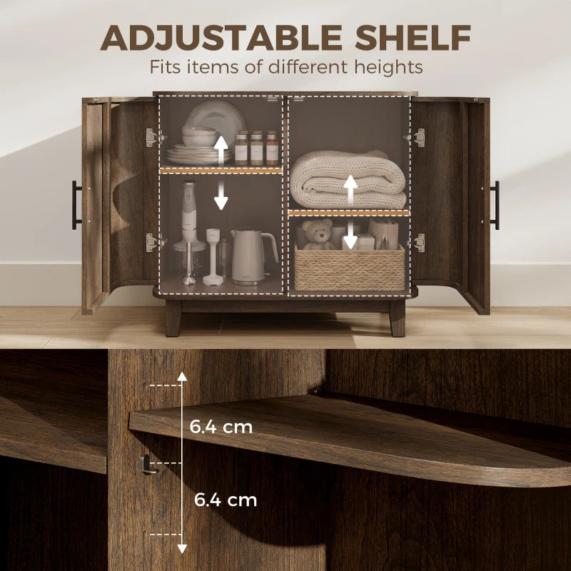 Dark walnut sideboard cabinet with adjustable shelf inside and curved double doors