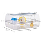 Transparent 2-tier hamster cage with yellow running wheel, blue water bottle, size markings