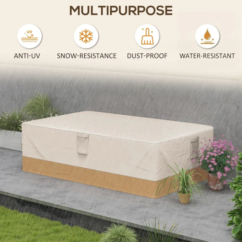 Beige outdoor furniture cover draped over patio seating beside plants and flowers.