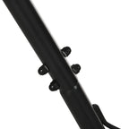 Close-up of black metal hammock stand pole with end connectors and mounting hardware.