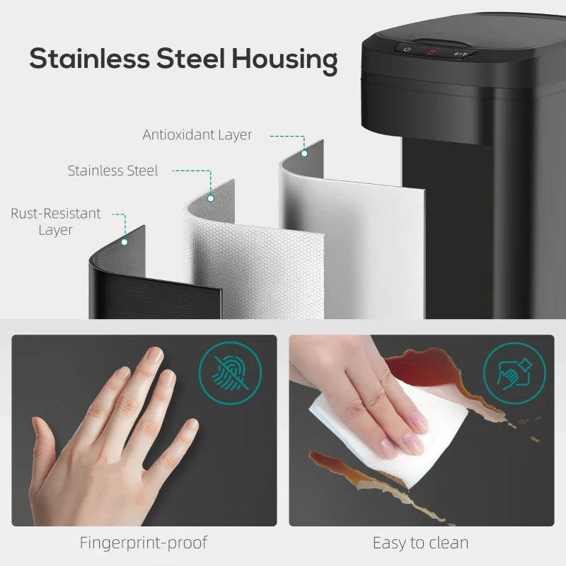 Black sensor trash bin with stainless steel housing and fingerprint-resistant finish