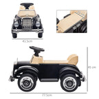 Mercedes-Benz 300S ride-on car with black body, beige seat, and size labels