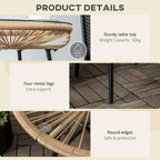 Beige rattan side table with clear round glass top and sturdy black metal legs