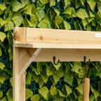 Natural wood potting bench top rail with four hanging hooks and sturdy side posts.