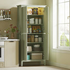 Green tall pantry cupboard in kitchen, doors open with shelves holding pantry jars and dishes.