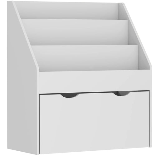 Grey kids bookcase with open shelves and front drawer storage bin