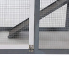 Wire-mesh small animal hutch with metal ramp support and side hinge detail