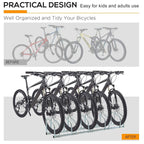 Silver 5-bike bike parking rack with multiple bicycles neatly stored