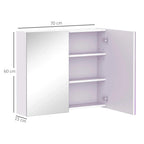 White wall-mounted bathroom cabinet with two doors and three shelves, side view with dimensions