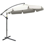 Cream white banana cantilever umbrella canopy on black pole with cross base