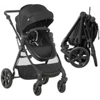 Black foldable baby stroller with reclining seat, adjustable canopy, and 5-point harness