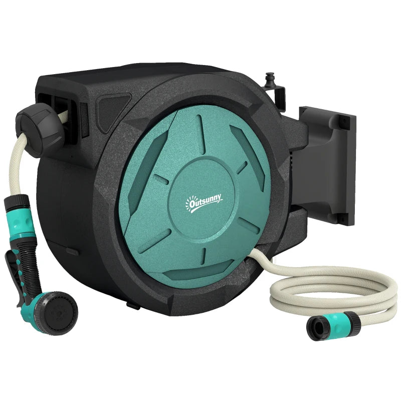Wall-mounted retractable garden hose reel with black housing and turquoise hose drum