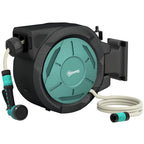 Wall-mounted retractable garden hose reel with black housing and turquoise hose drum