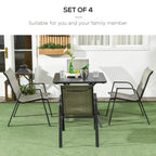 Set of four mixed grey woven rattan-style patio chairs with black frames and armrests