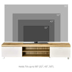 Oak and white TV stand with center media shelf and two side cabinet doors
