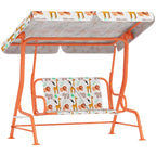 Kids porch swing bench with orange metal frame and animal-pattern canopy