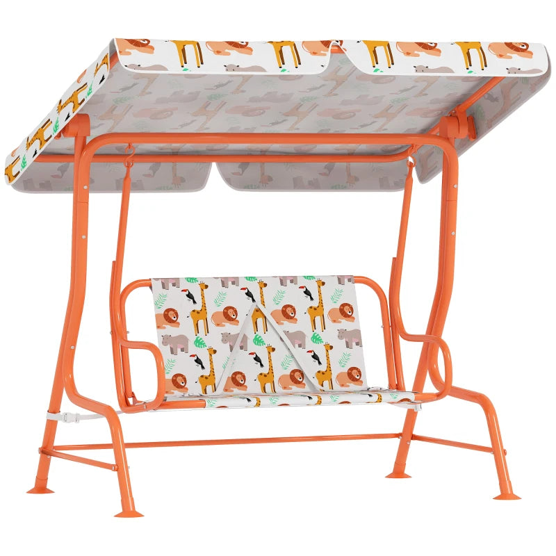 Kids porch swing bench with orange metal frame and animal-pattern canopy