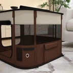 Brown foldable dog pen with mesh panels and door flap on the side, curved base