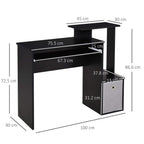Black computer desk with sliding keyboard tray and side storage drawer, with dimensions