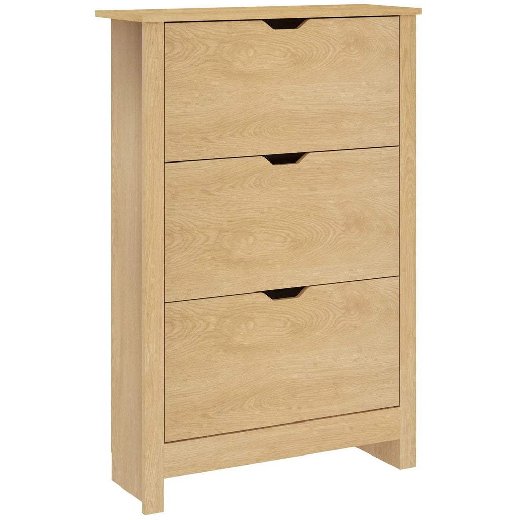 Narrow slim shoe cabinet in natural wood with three front drawers