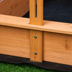Wooden kids sandbox corner joint with green screws and vertical support post