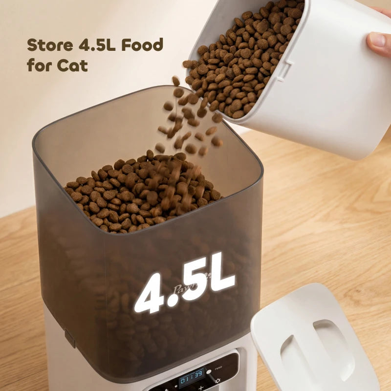 Automatic cat feeder bin holding dry kibble, 4.5L capacity, white and dark gray