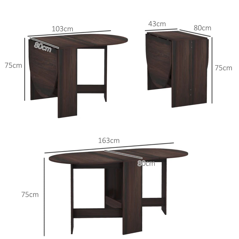 Dark brown oval folding drop-leaf table with wood-look finish