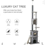 Light grey luxury cat tree with stacked condos, plush platforms, and sisal scratching poles