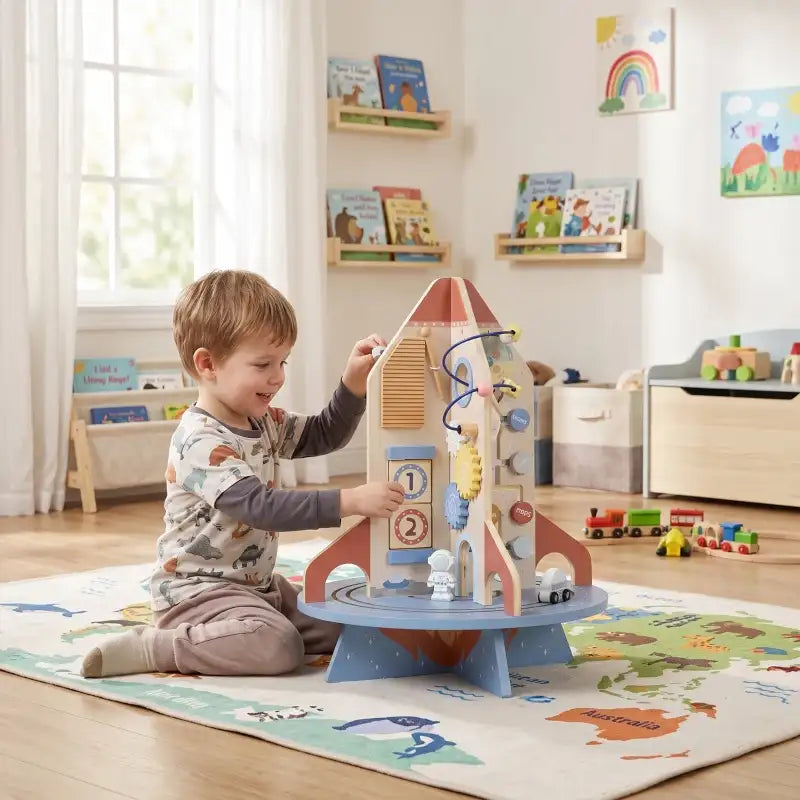 Rocket wooden activity cube with bead maze and gears, child pushing pieces