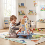 Rocket wooden activity cube with bead maze and gears, child pushing pieces
